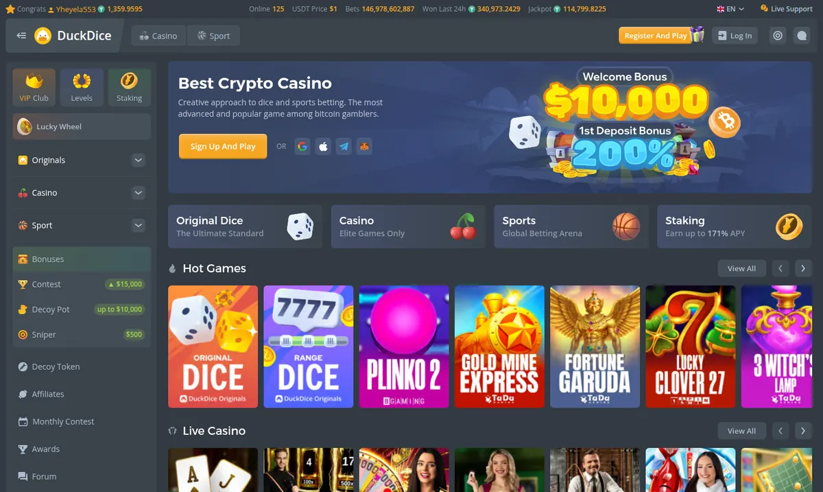 The DuckDice lobby: a $10,000 welcome bonus banner at 200% on the first deposit, with dice and slot tiles below