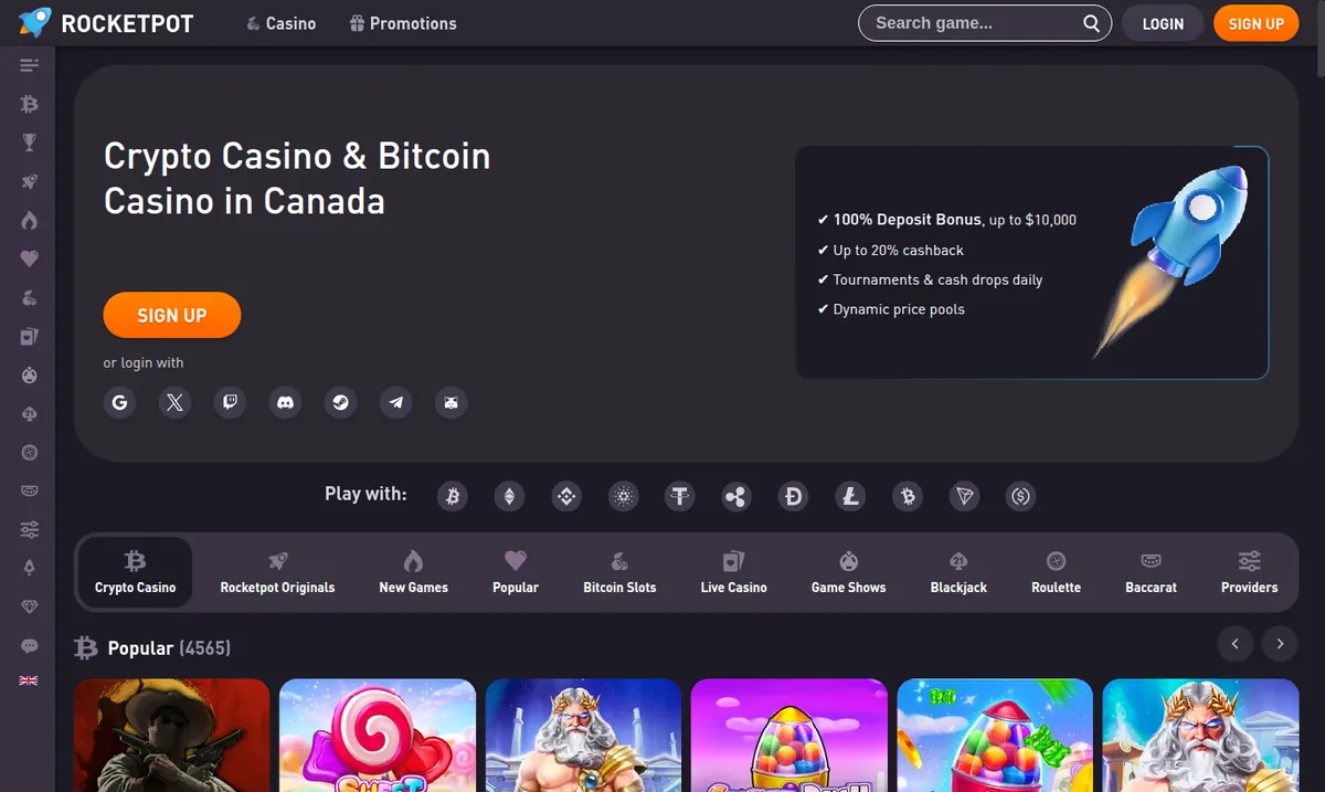 The Rocketpot home page, whose headline reads "Crypto Casino & Bitcoin Casino in Canada"