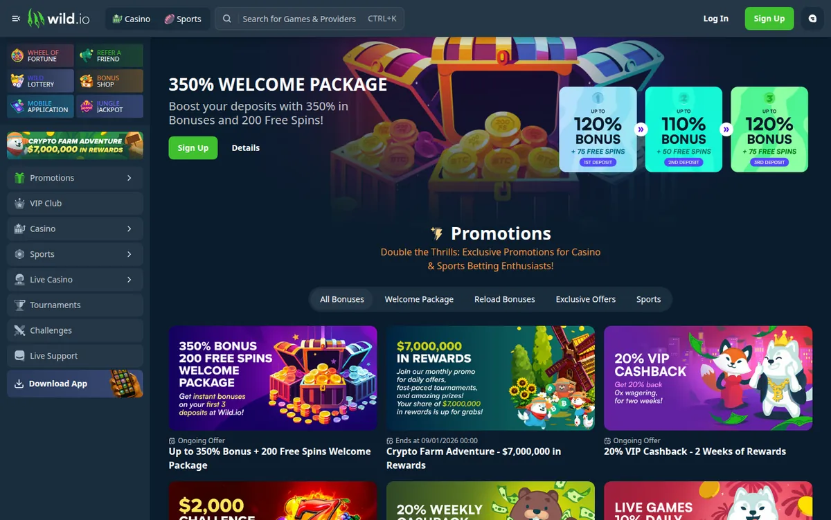 The Wild.io promotions page listing its current bonus offers and their headline terms