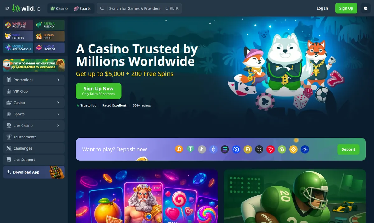 The Wild.io lobby with a "Trusted by Millions Worldwide" headline, a $5,000 plus 200 free spins offer, and a row of deposit coins